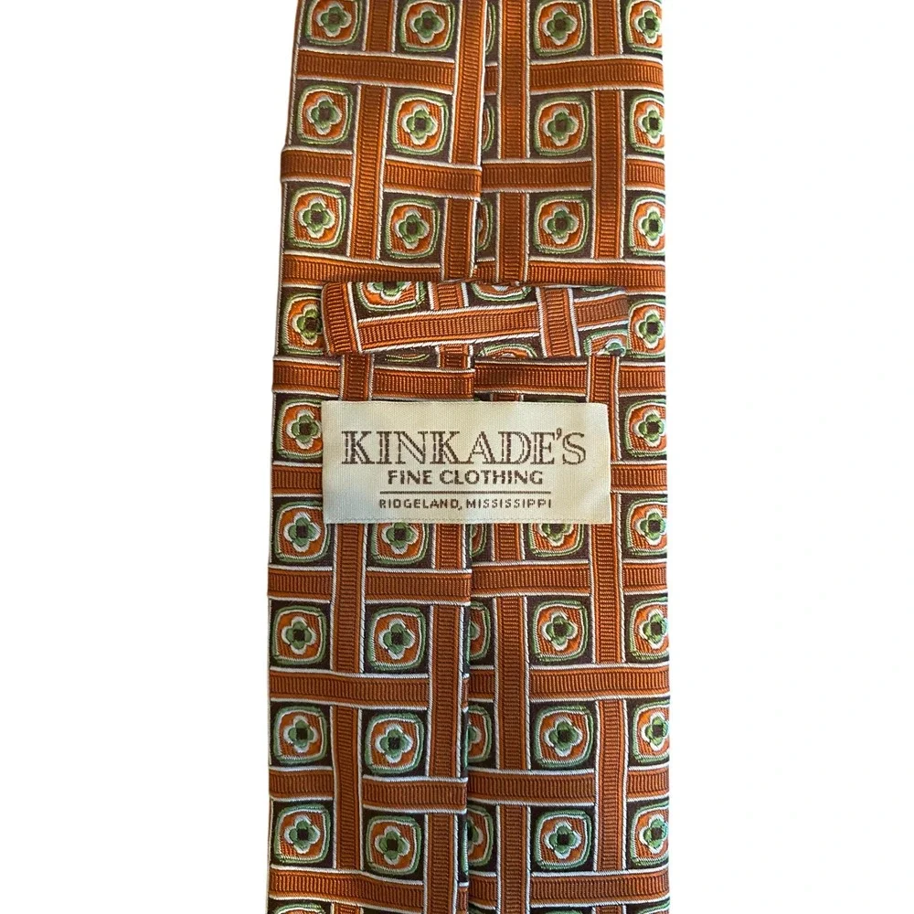 Kinkade's Fine Clothing Mens Silk Tie Orange Green Geometric Farm Bureau Ins.